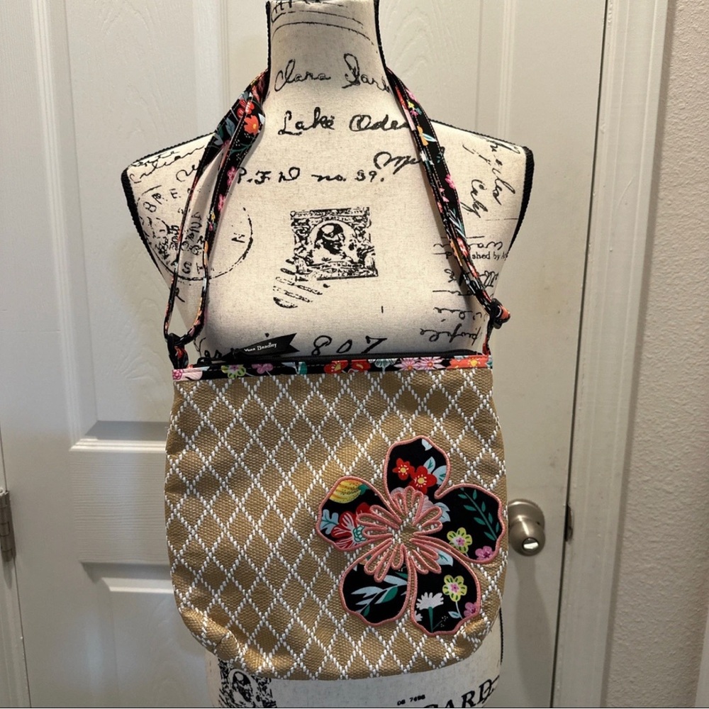 Vera Bradley Floral Applique Tan Beach Crossbody Bag